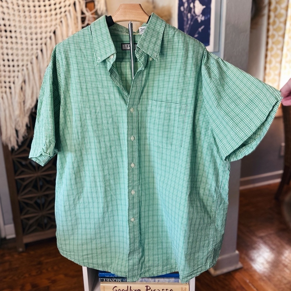 Izod Green Micro Plaid Button Down Short Sleeve Shirt